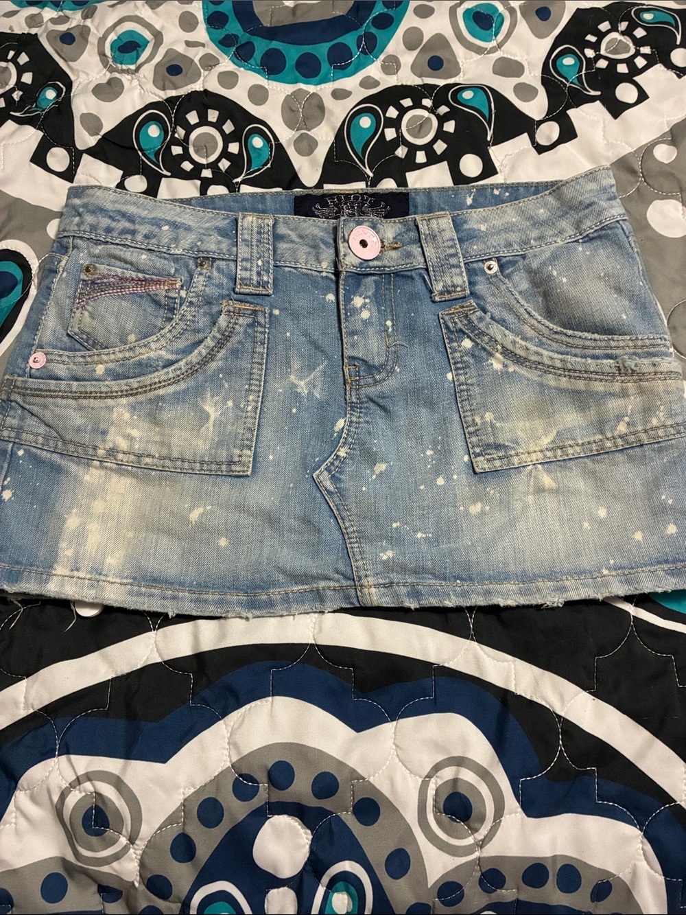 Light Blue Denim Mini Skirt with Paint-Splatter Detail